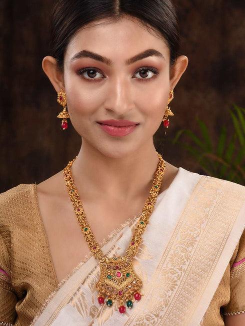 Gold Plated Red & Green stone studded floral long Temple Necklace Jewellerey Set