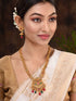Gold Plated Red & Green stone studded floral long Temple Necklace Jewellerey Set