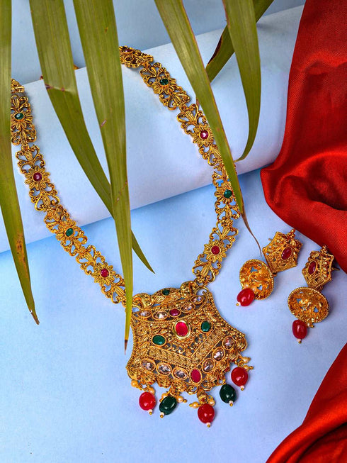 Gold Plated Red & Green stone studded floral long Temple Necklace Jewellerey Set