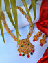 Gold Plated Red & Green stone studded floral long Temple Necklace Jewellerey Set