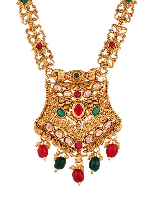 Gold Plated Red & Green stone studded floral long Temple Necklace Jewellerey Set