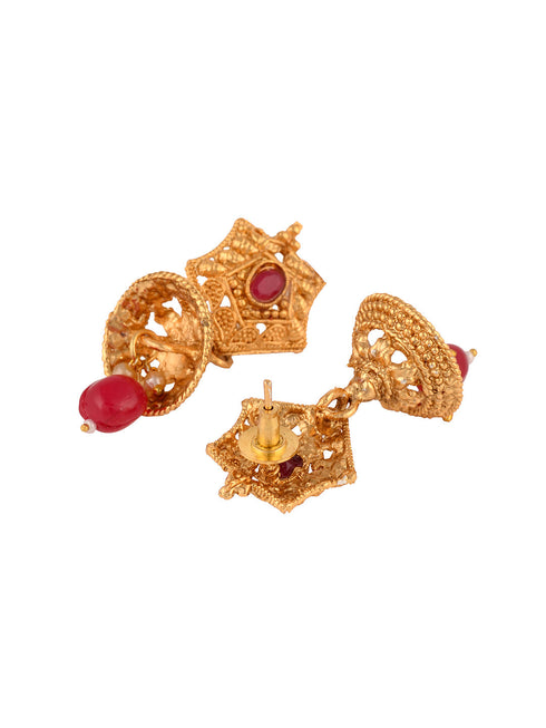 Gold Plated Red & Green stone studded floral long Temple Necklace Jewellerey Set