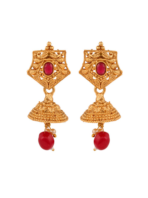 Gold Plated Red & Green stone studded floral long Temple Necklace Jewellerey Set