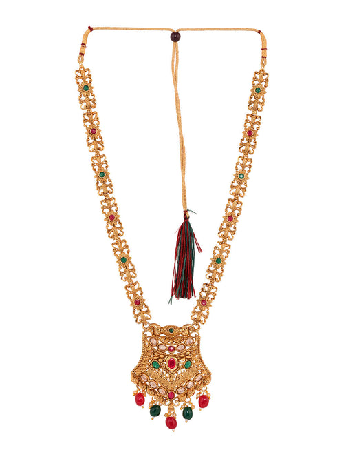 Gold Plated Red & Green stone studded floral long Temple Necklace Jewellerey Set