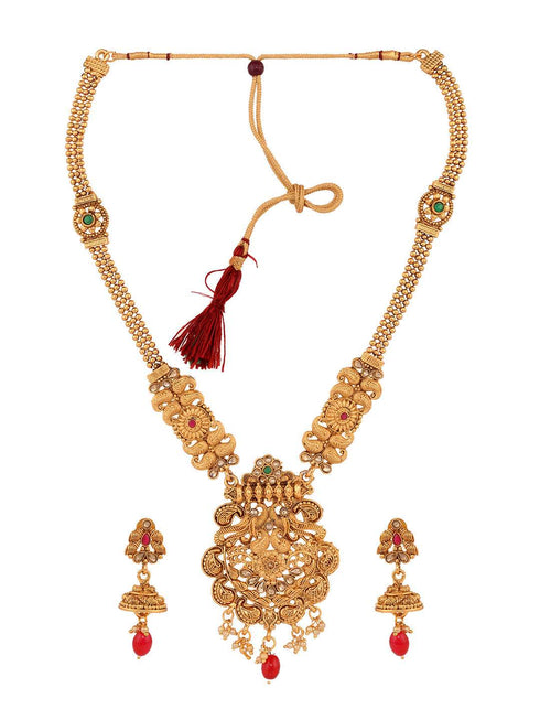 Gold Plated Red & Green stone studded Peacock Temple Design long Necklace Jewellerey Set