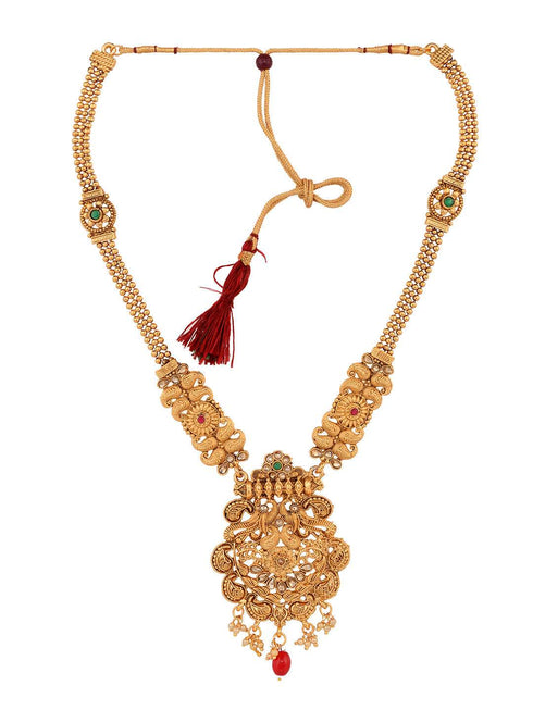 Gold Plated Red & Green stone studded Peacock Temple Design long Necklace Jewellerey Set