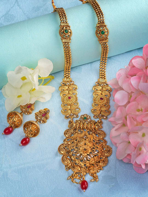 Gold Plated Red & Green stone studded Peacock Temple Design long Necklace Jewellerey Set