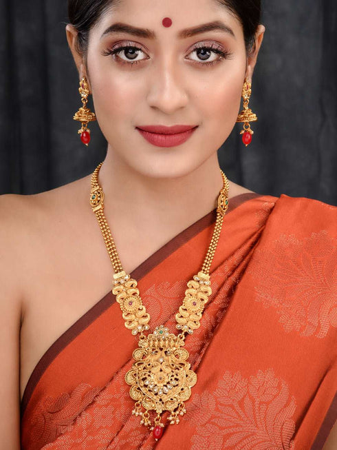 Gold Plated Red & Green stone studded Peacock Temple Design long Necklace Jewellerey Set
