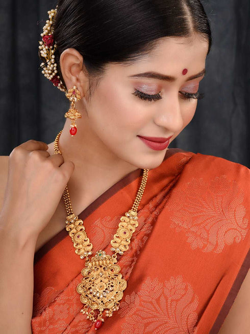 Gold Plated Red & Green stone studded Peacock Temple Design long Necklace Jewellerey Set