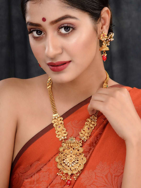 Gold Plated Red & Green stone studded Peacock Temple Design long Necklace Jewellerey Set