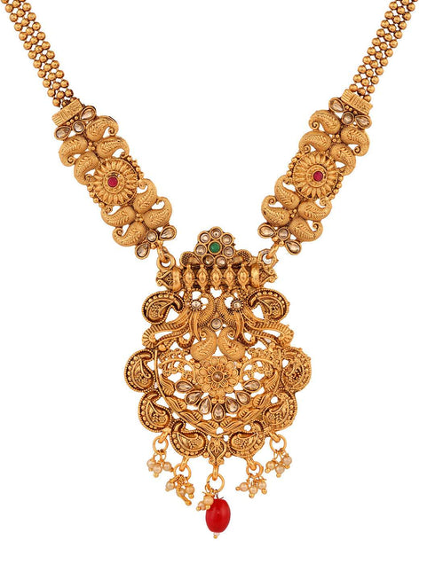 Gold Plated Red & Green stone studded Peacock Temple Design long Necklace Jewellerey Set