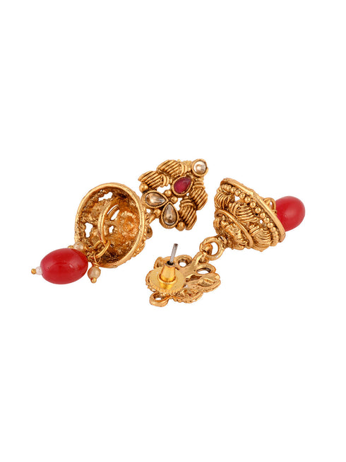 Gold Plated Red & Green stone studded Peacock Temple Design long Necklace Jewellerey Set