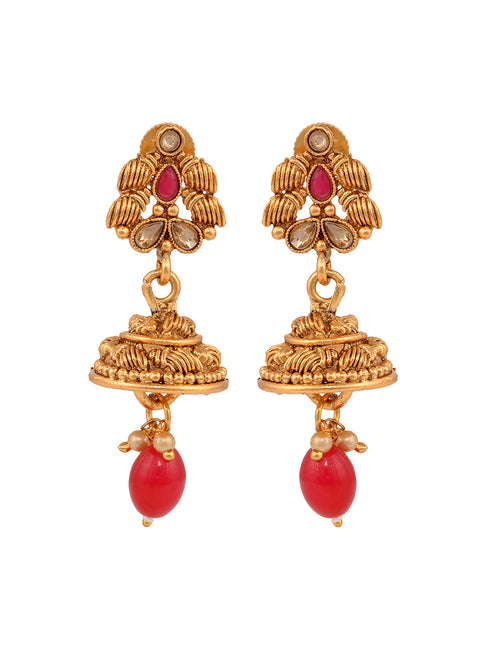 Gold Plated Red & Green stone studded Peacock Temple Design long Necklace Jewellerey Set