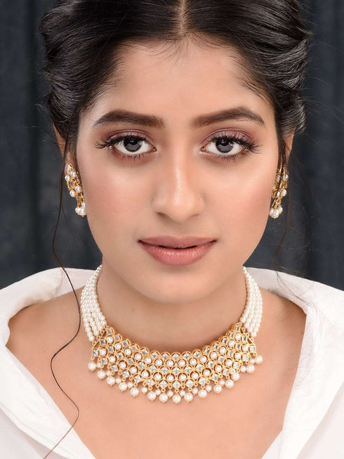 Gold Plated Polki AD Studded Pearl Beaded Intricate Choker Jewellery Set