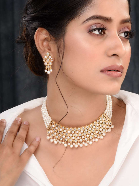 Gold Plated Polki AD Studded Pearl Beaded Intricate Choker Jewellery Set