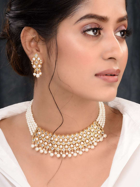 Gold Plated Polki AD Studded Pearl Beaded Intricate Choker Jewellery Set