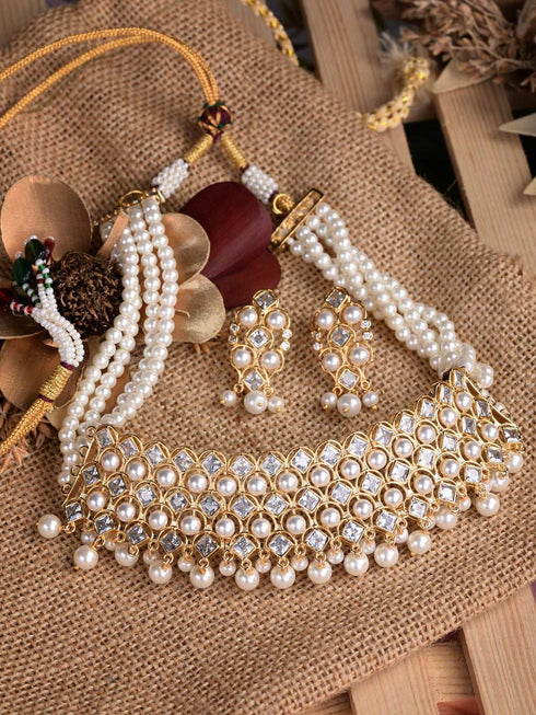 Gold Plated Polki AD Studded Pearl Beaded Intricate Choker Jewellery Set