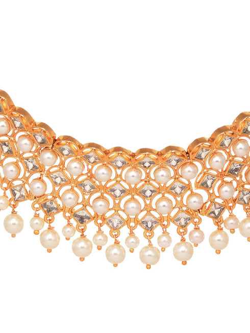 Gold Plated Polki AD Studded Pearl Beaded Intricate Choker Jewellery Set