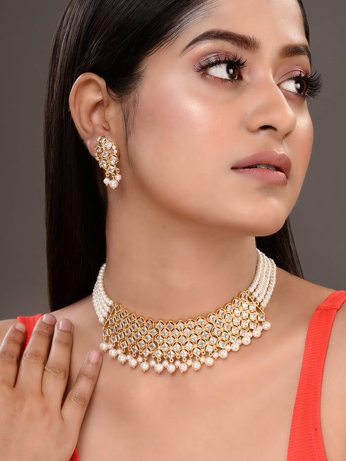 Gold Plated Uncut AD studded Pearl Drops Choker Jewellery Set
