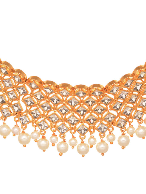 Gold Plated Uncut AD studded Pearl Drops Choker Jewellery Set