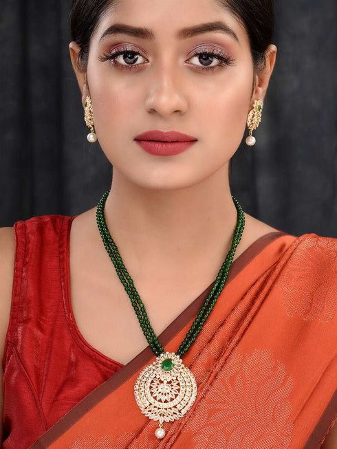 Gold Plated Polki AD studded Green Beads Maala Necklace Set