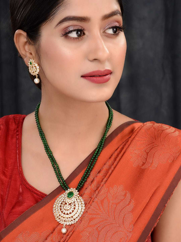 Gold Plated Polki AD studded Green Beads Maala Necklace Set