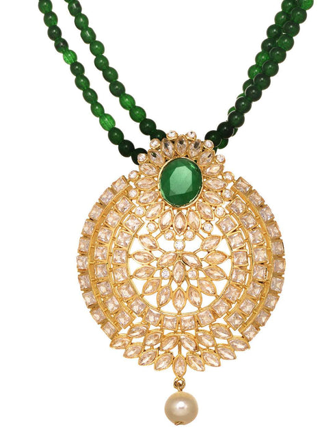 Gold Plated Polki AD studded Green Beads Maala Necklace Set