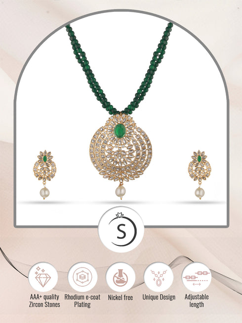 Gold Plated Polki AD studded Green Beads Maala Necklace Set
