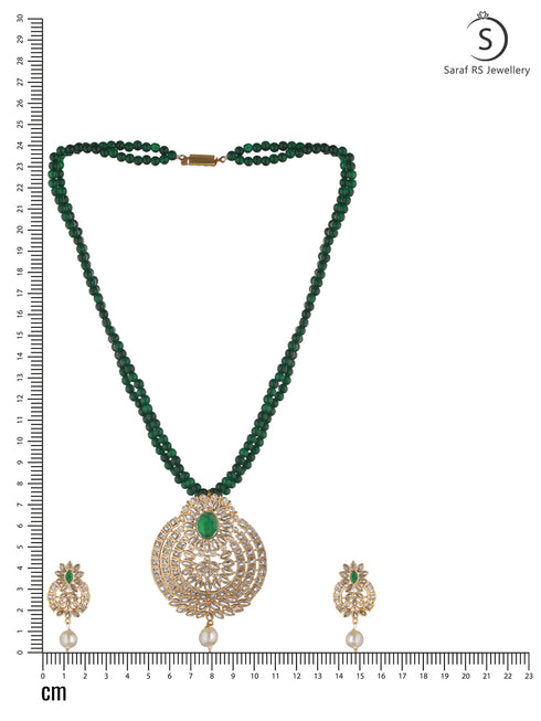 Gold Plated Polki AD studded Green Beads Maala Necklace Set