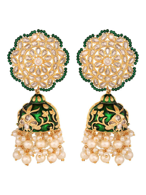 Gold Plated Polki studded Green Meenakari Pearl Drops Earrings