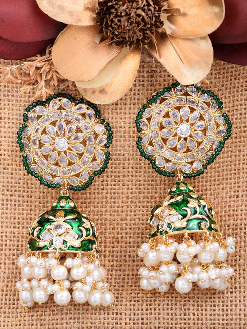 Gold Plated Polki studded Green Meenakari Pearl Drops Earrings