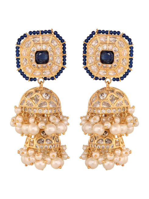 Gold Plated Polki Studded Blue Beads Chandelier Jhumka Earrings