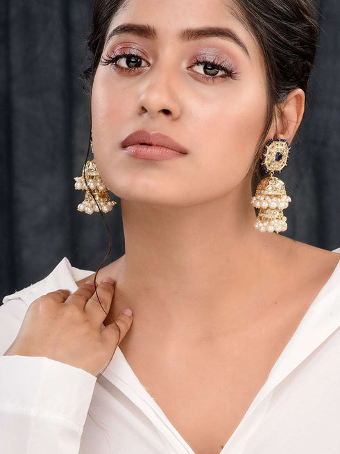 Gold Plated Polki Studded Blue Beads Chandelier Jhumka Earrings