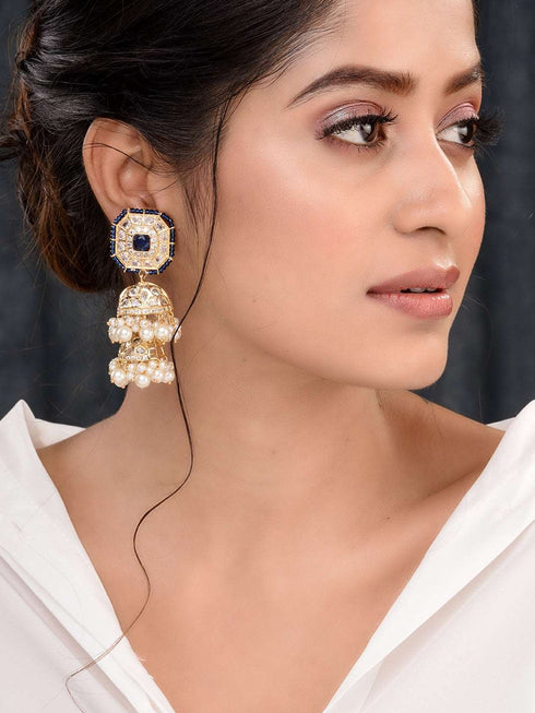 Gold Plated Polki Studded Blue Beads Chandelier Jhumka Earrings