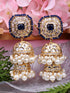 Gold Plated Polki Studded Blue Beads Chandelier Jhumka Earrings