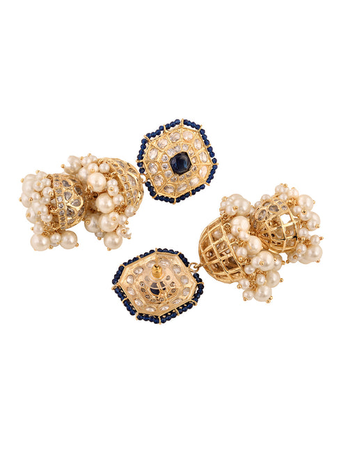 Gold Plated Polki Studded Blue Beads Chandelier Jhumka Earrings