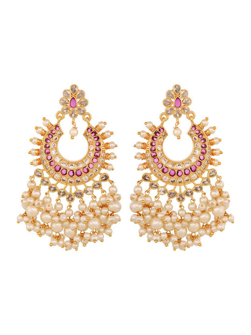 Gold Plated Pink AD Studded Peals Drops Chandbali Earrings