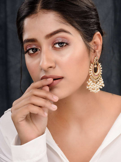 Gold Plated Pink AD Studded Peals Drops Chandbali Earrings