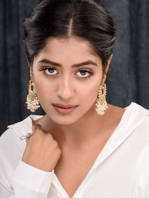 Gold Plated Pink AD Studded Peals Drops Chandbali Earrings