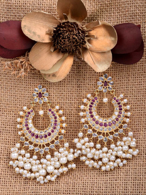 Gold Plated Pink AD Studded Peals Drops Chandbali Earrings