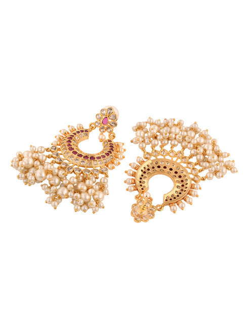 Gold Plated Pink AD Studded Peals Drops Chandbali Earrings