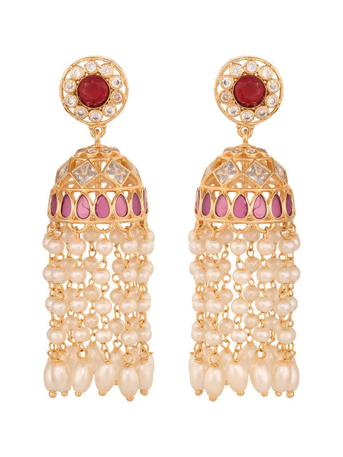 Gold Plated Red AD studded Pearl Dops Jhumka Earrings