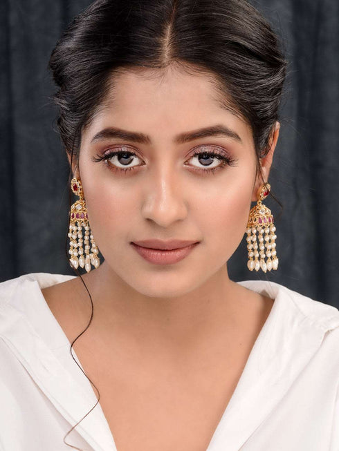 Gold Plated Red AD studded Pearl Dops Jhumka Earrings