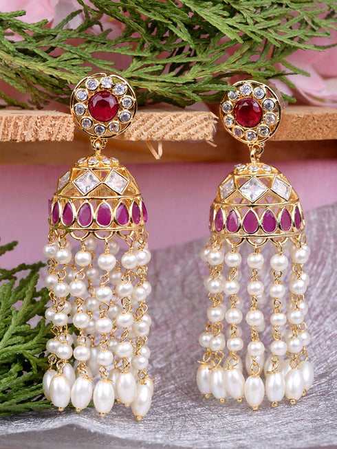 Gold Plated Red AD studded Pearl Dops Jhumka Earrings