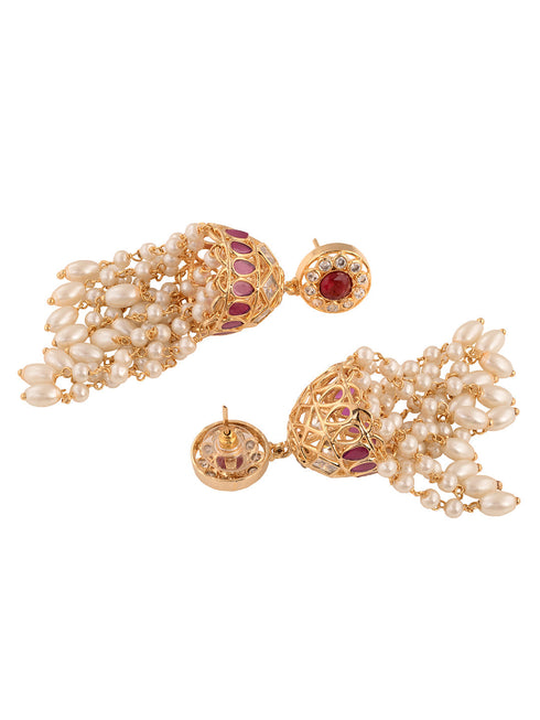 Gold Plated Red AD studded Pearl Dops Jhumka Earrings