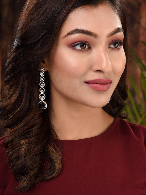 White Rhodium Plated Blue AD studded Drop Earrings