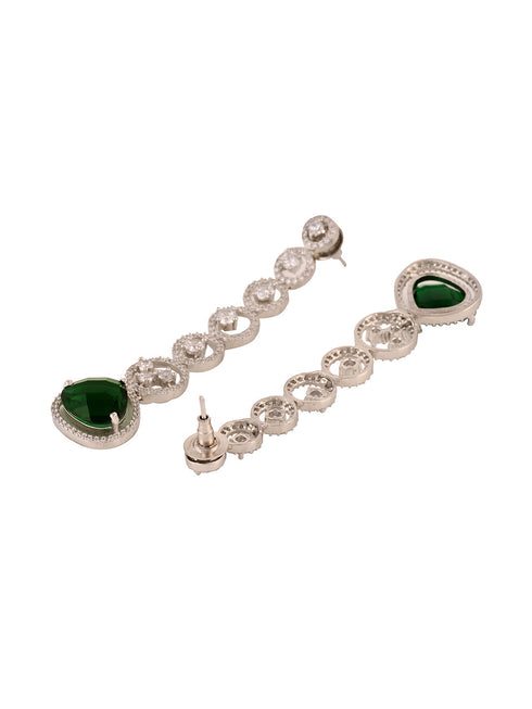 White Rhodium Plated Green AD studded Drop Earrings