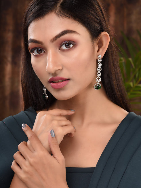 White Rhodium Plated Green AD studded Drop Earrings
