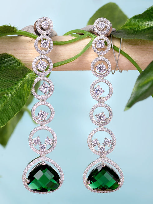 White Rhodium Plated Green AD studded Drop Earrings