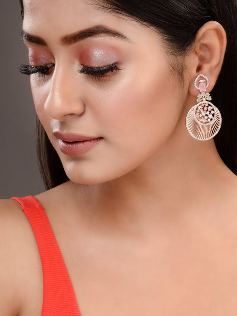Rosegold Plated Pink AD studded Chandbali Earrings